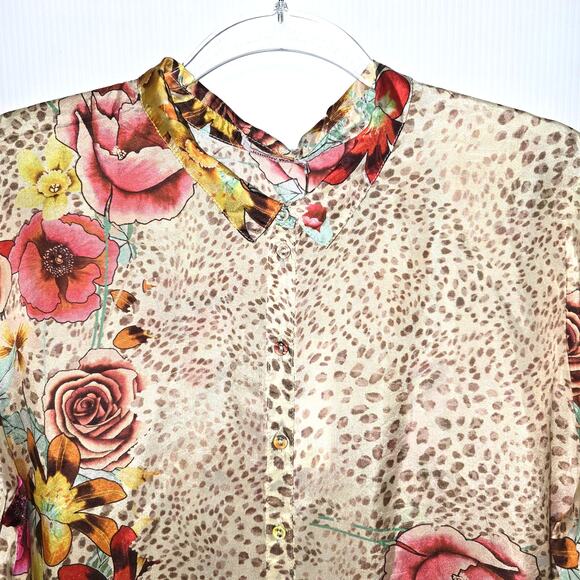 Johnny Was Hera Calia Silk Tunic Button Front Floral Animal Print Collared L NEW - Picture 3 of 9